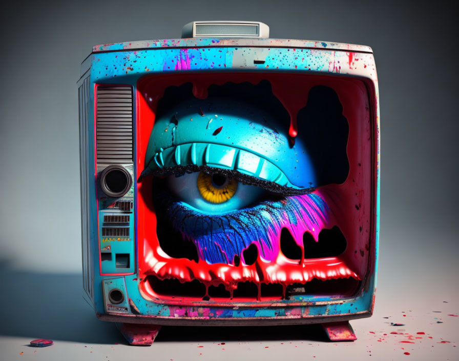 Vintage Television with Vibrant Graffiti-Style Eye Artwork