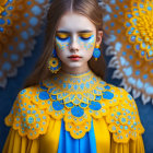 Intricate Yellow and Blue Face Paint with Ornate Costume on Symmetrical Golden Patterns