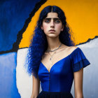 Blue-haired woman in bold makeup on colorful abstract backdrop, wearing ruffled blue & purple dress with yellow