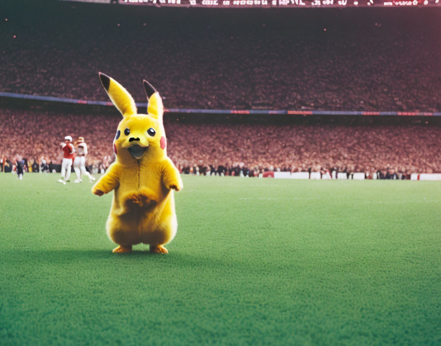 Person in Pikachu costume in stadium with cheering crowd