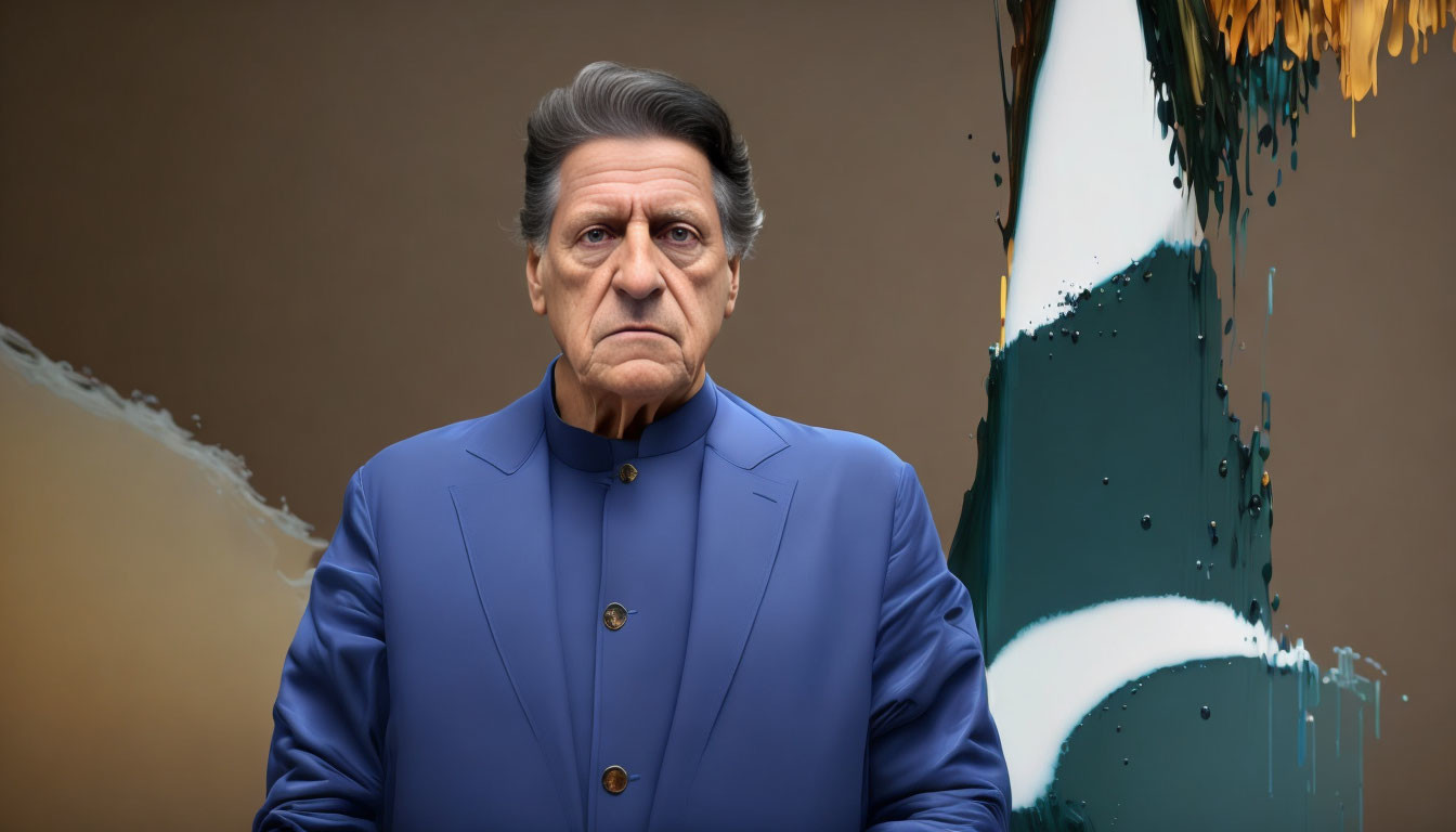 Stern man in blue suit against abstract brown and teal backdrop