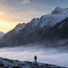 Person standing on mountain edge at dawn above clouds with snow-capped peaks