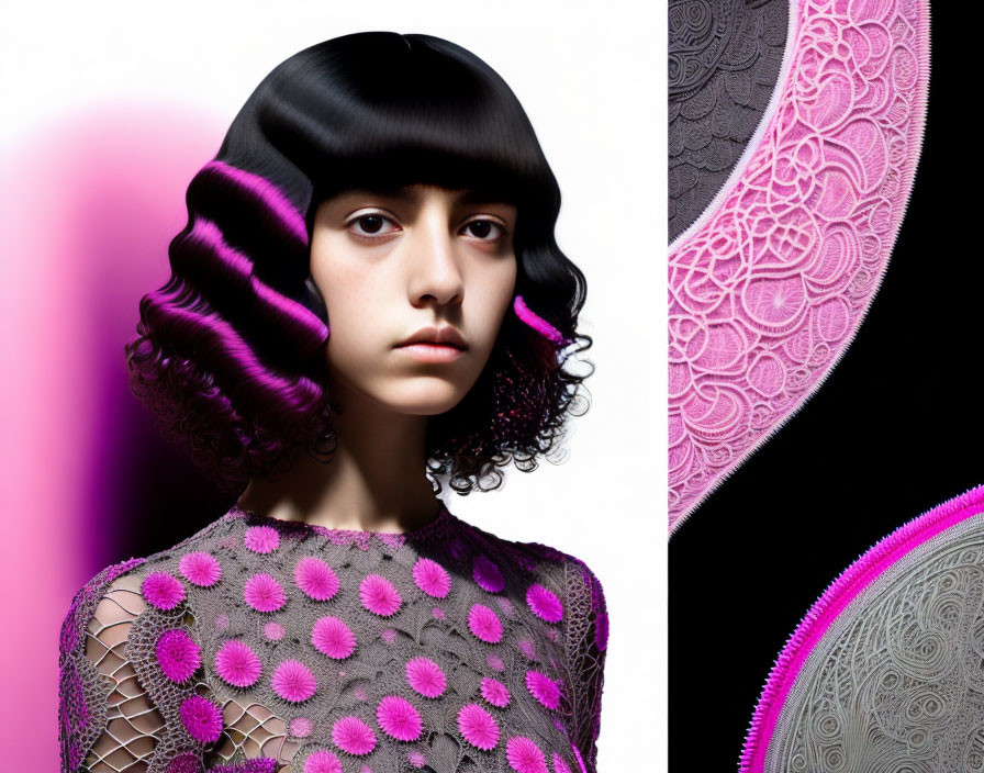 Bob-Haired Woman with Abstract Pink Shapes and Lace Designs