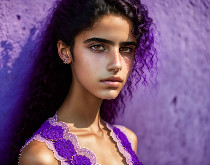 Young woman with curly hair and prominent eyes in lace garment on purple background