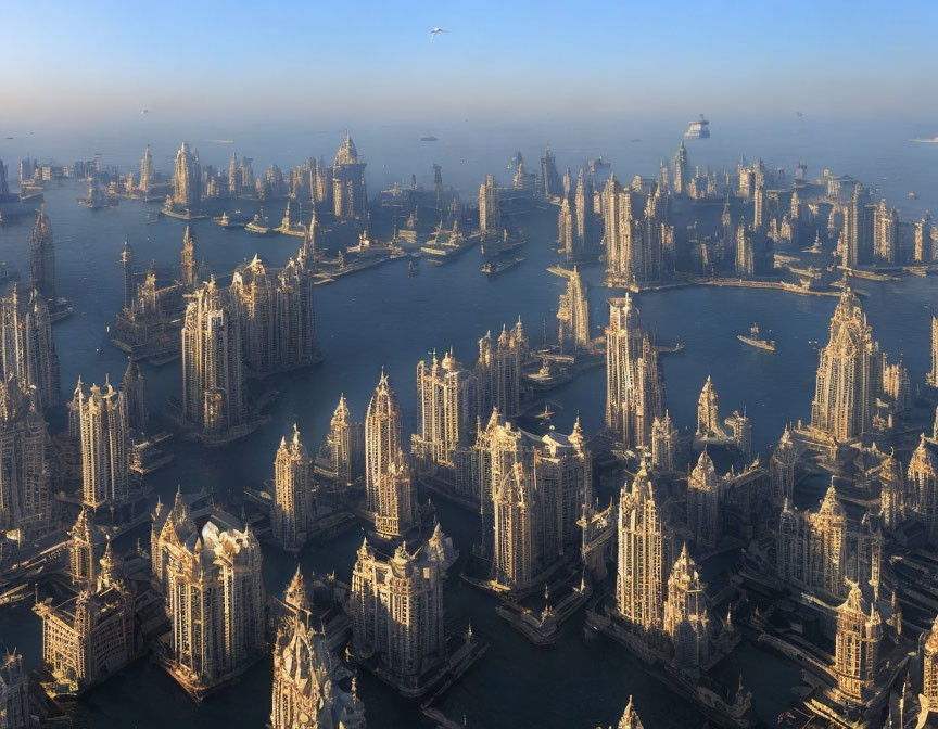 Dense Cluster of Gothic High-Rise Buildings Surrounded by Water