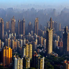 Dense Cluster of Gothic High-Rise Buildings Surrounded by Water