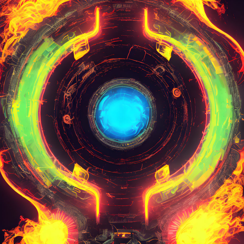 Sci-fi scene: Glowing blue sphere with fiery rings on dark background