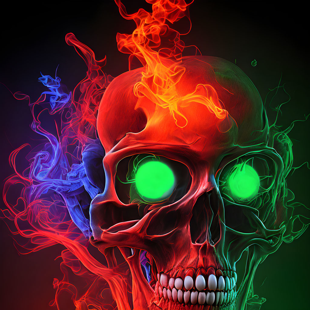 Detailed 3D skull illustration with glowing green eyes in swirling smoke