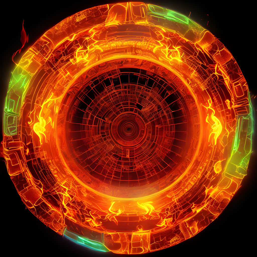 Circular Orange and Yellow Fractal Pattern with Neon-Like Edges