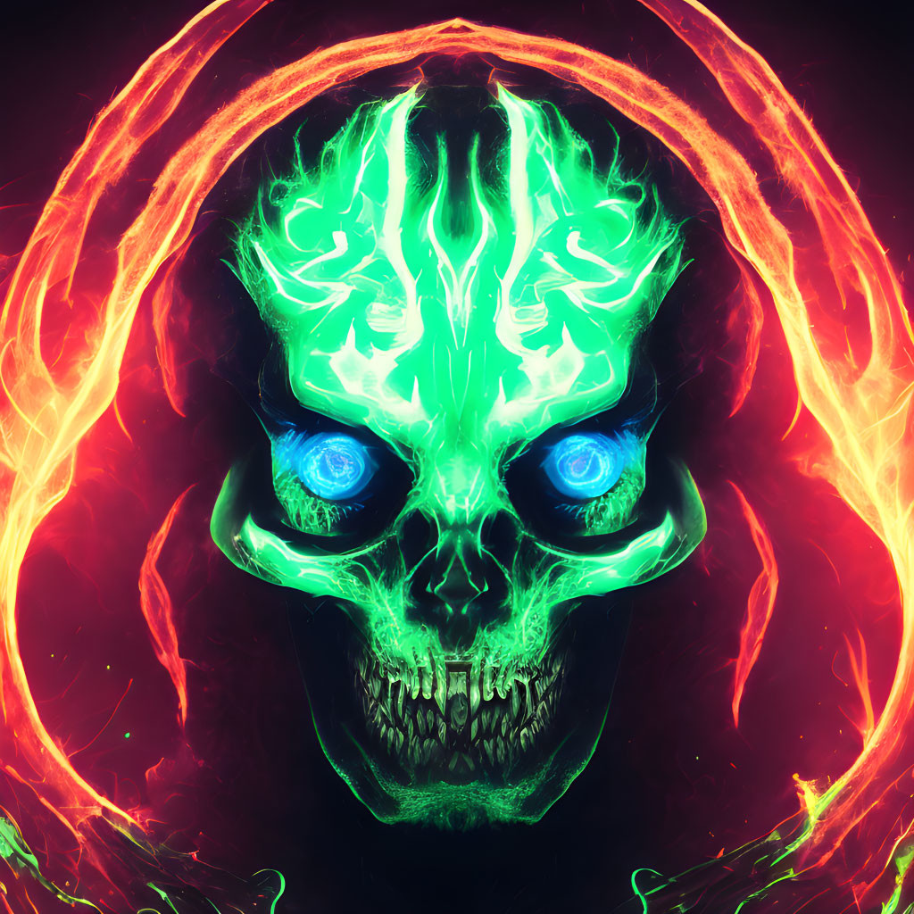 Colorful Digital Artwork: Skull with Glowing Blue Eyes and Green Flames