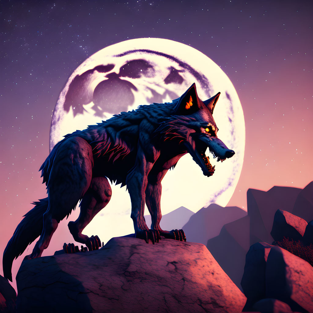 Menacing wolf on rocky outcrop under full moon with skull silhouette