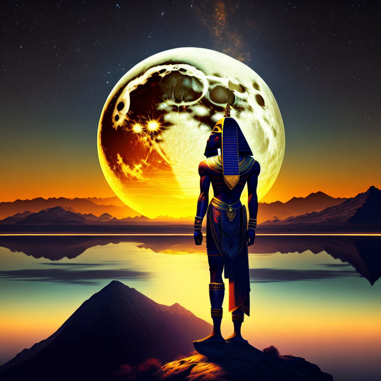 Ancient Egyptian figure under surreal moon in mountainous landscape