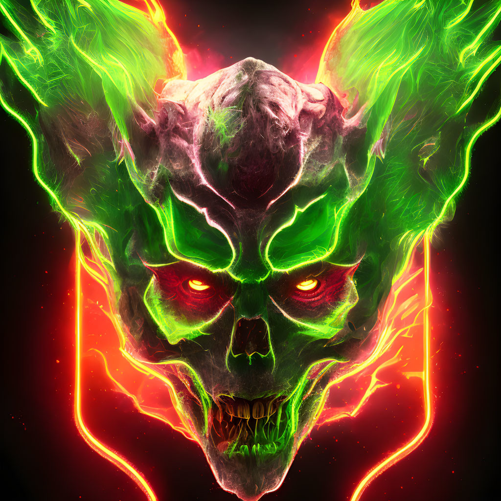 Digital Artwork: Skull with Glowing Red Eyes and Green Flames