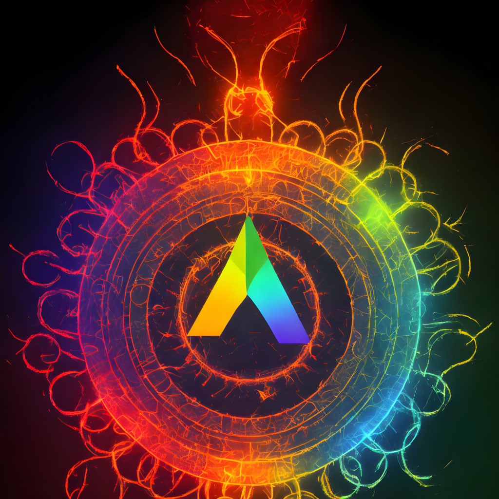 Colorful Triangular Shape Surrounded by Glowing Circles and Fiery Designs