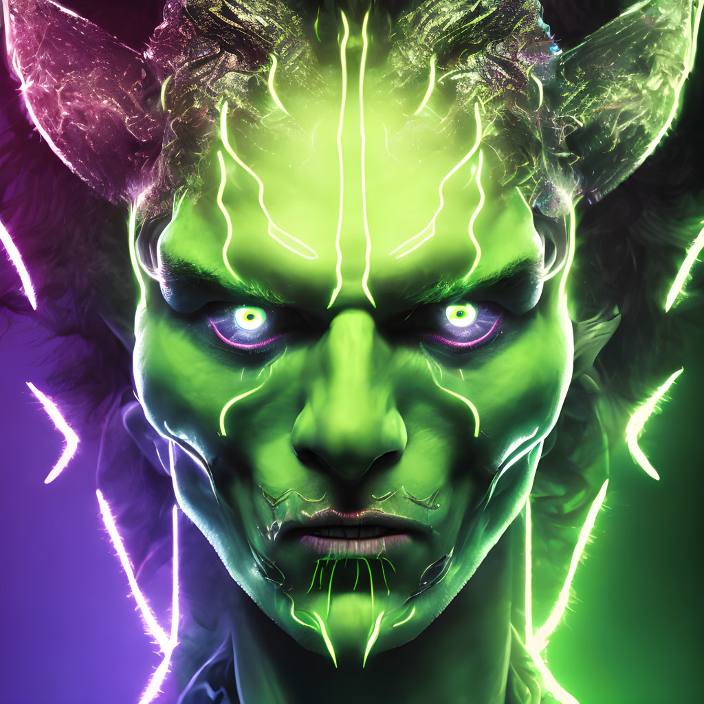 Digital portrait of a green-skinned creature with neon purple markings and turquoise eyes on purple background