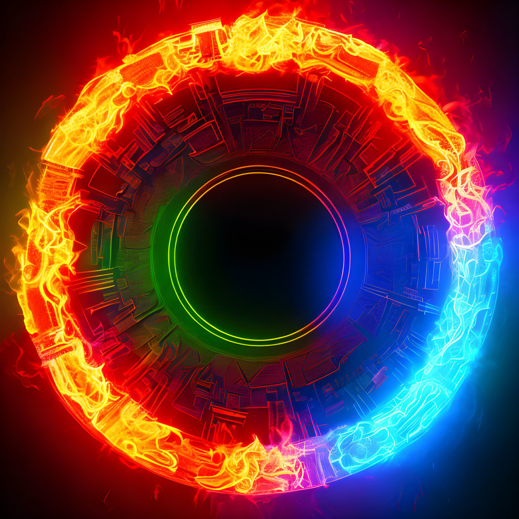 Colorful circular design with glowing center, red outer ring, golden patterns, and blue electric currents.