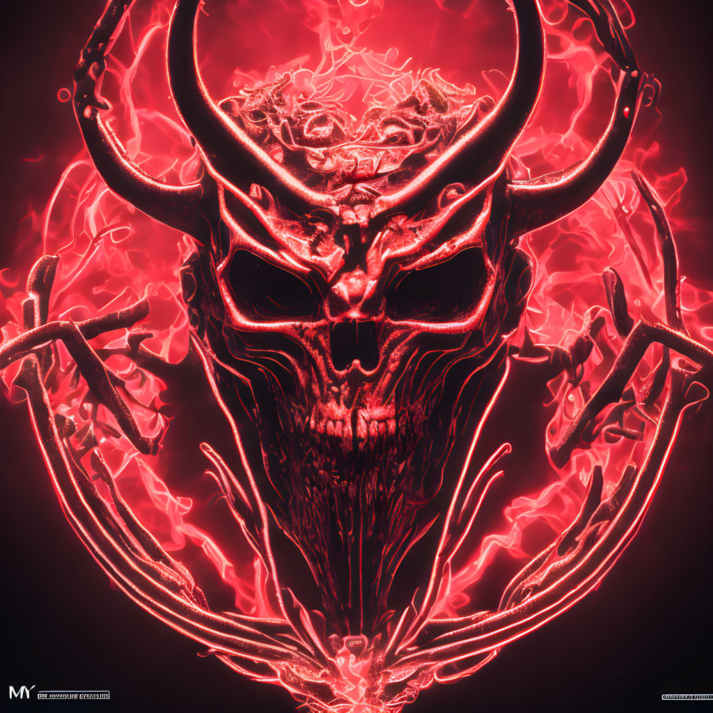 Fiery red digital artwork of a skull with horns in a chaotic flame setting