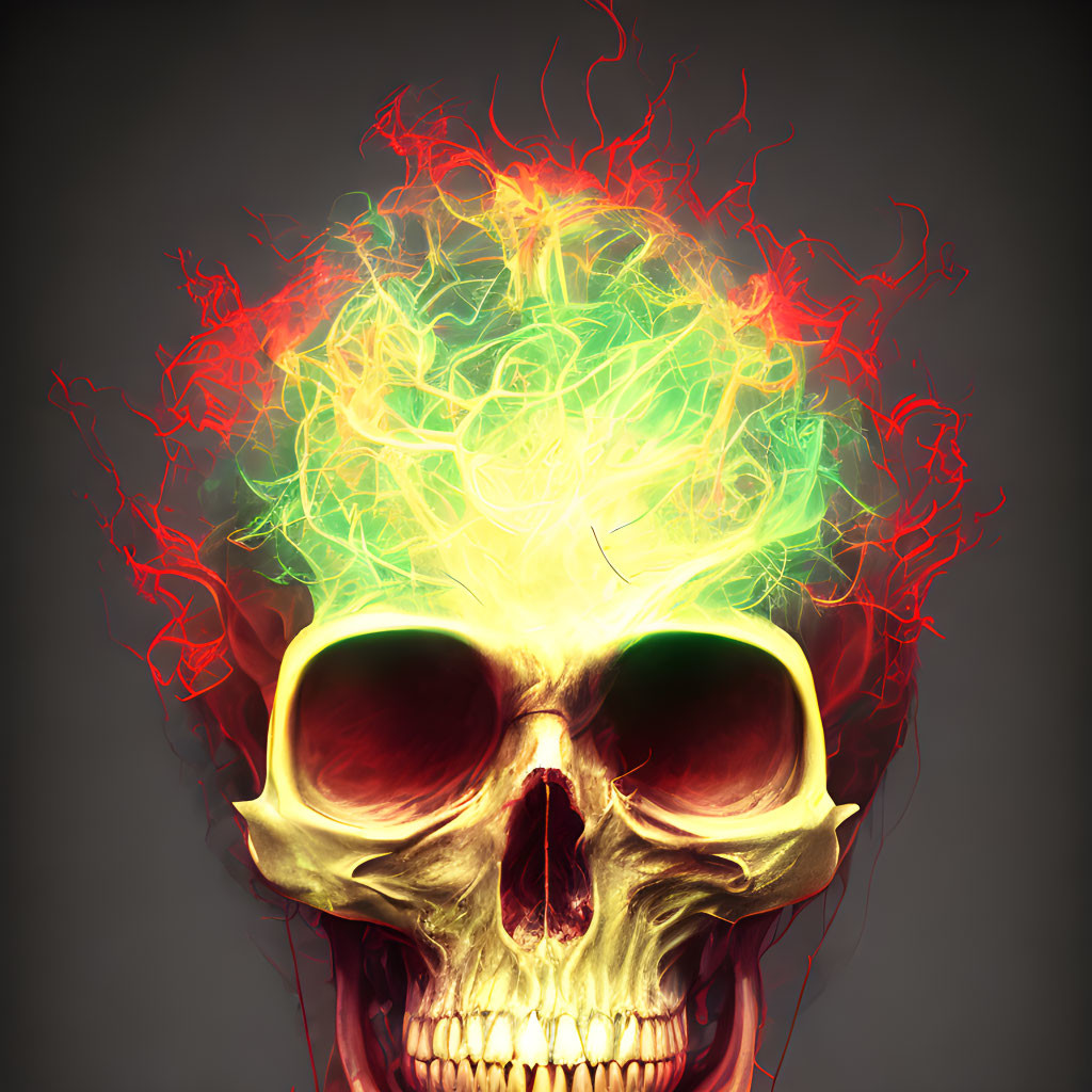 Vibrant human skull with colorful flames symbolizing creativity