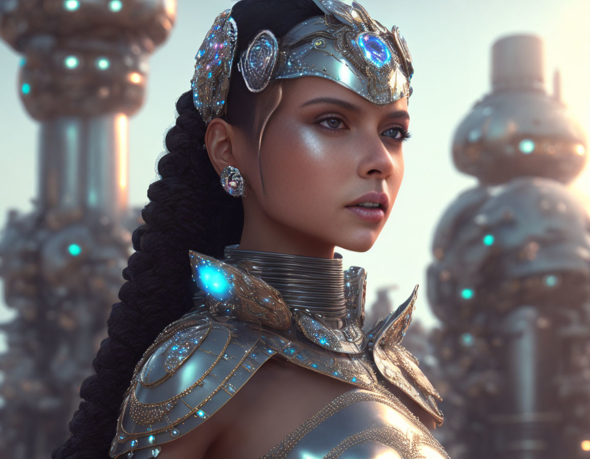 Futuristic armored woman with jeweled details and headdress in front of metallic spheres
