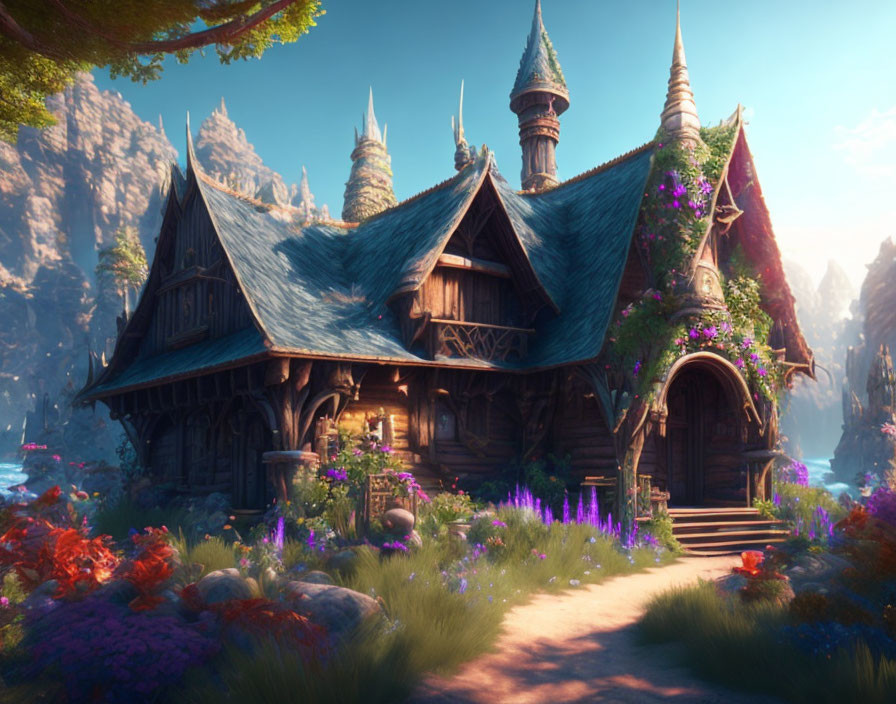 Fantasy Cottage with Ornate Roofs in Enchanted Forest