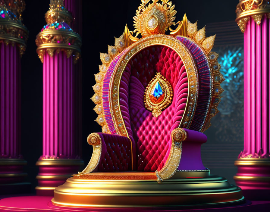 Golden Throne with Red Velvet Backrest and Blue Gemstone on Dark Background