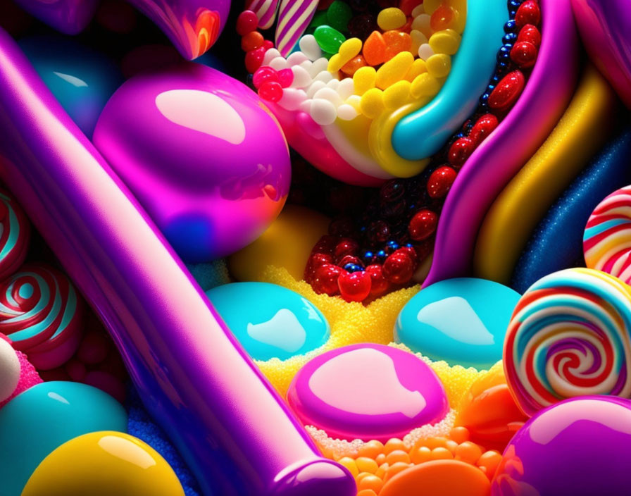 Vibrant 3D-rendered sweets and candy shapes in glossy colors