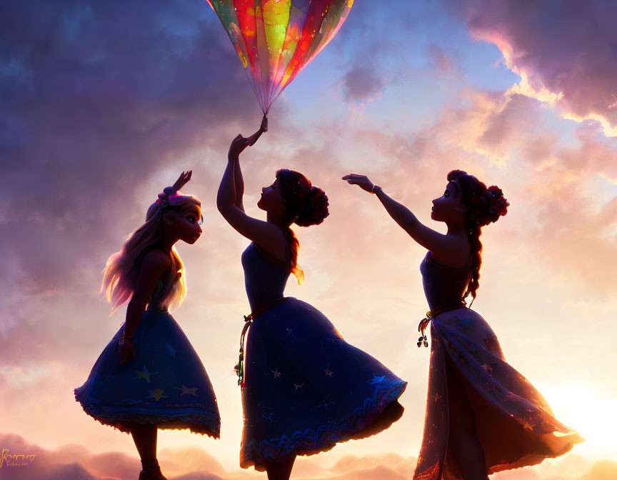 Animated characters in dresses reaching for hot air balloon at twilight