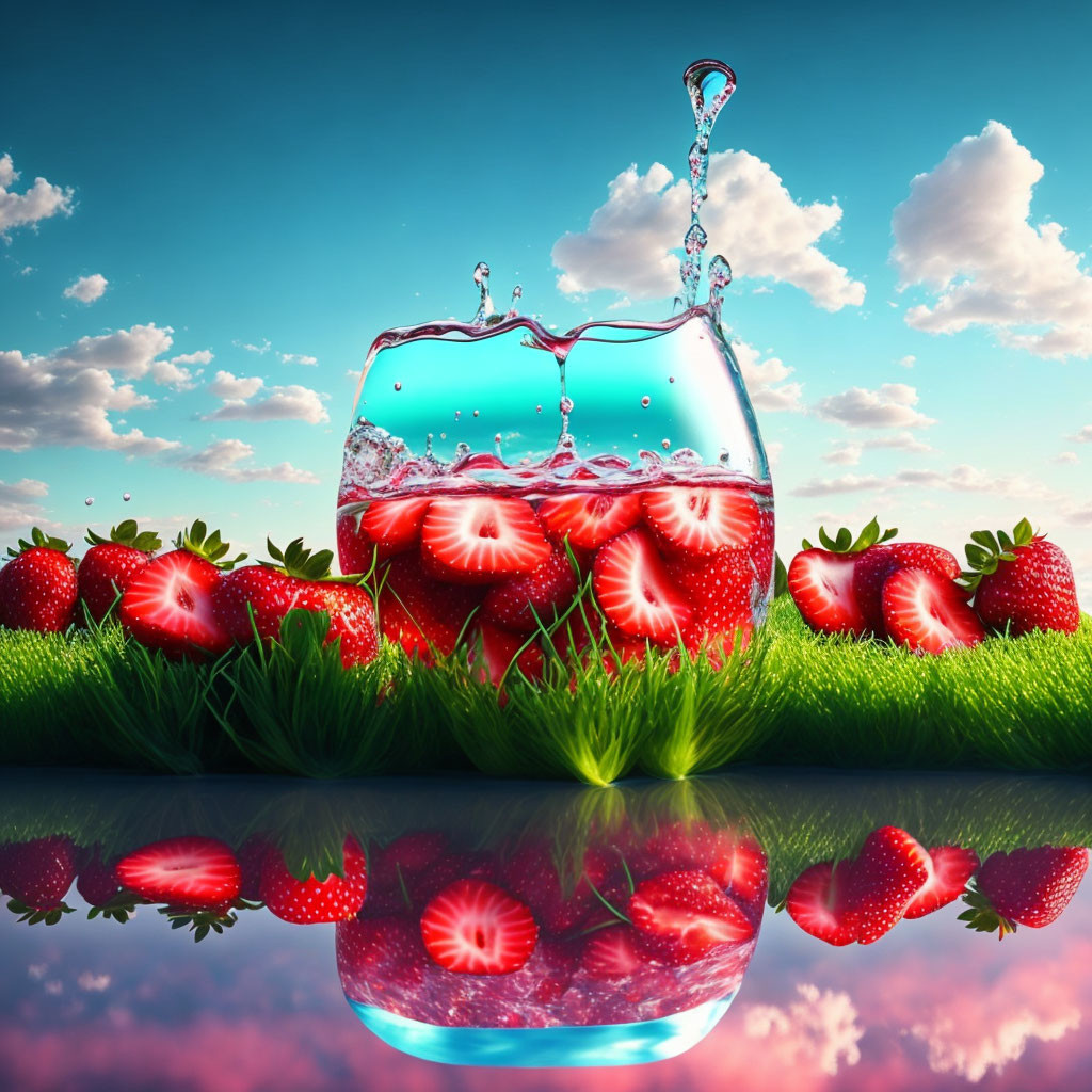 Bright strawberries falling into water on grass with reflection under blue sky