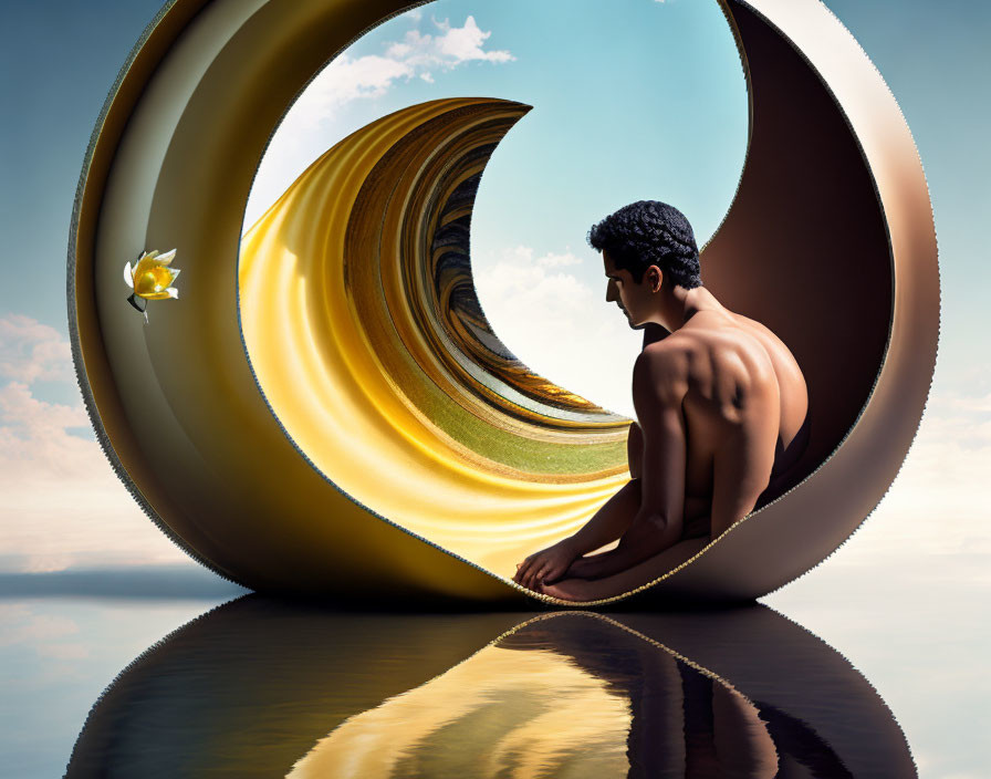 Man Contemplating by Reflective Surface in Spiral Structure with Floating Flower