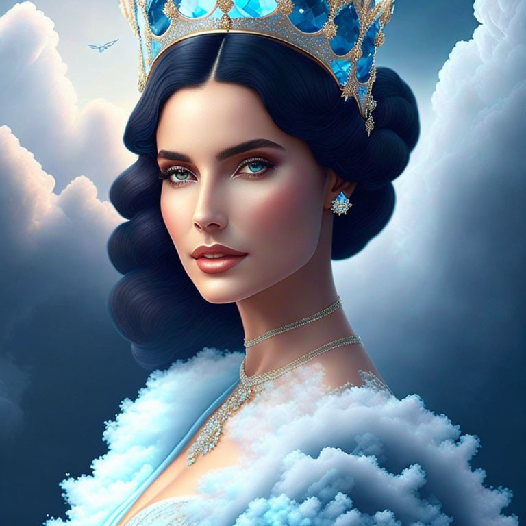 Dark-haired woman in jeweled crown and white dress surrounded by clouds on blue sky with bird in distance