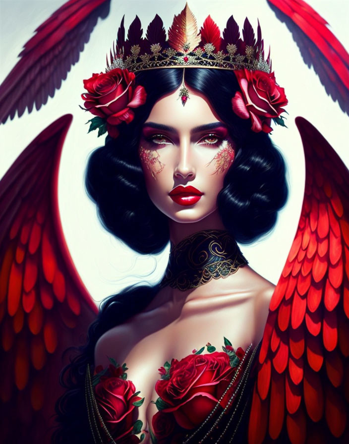 Illustrated female figure with red wings, crown, roses, and dramatic makeup.