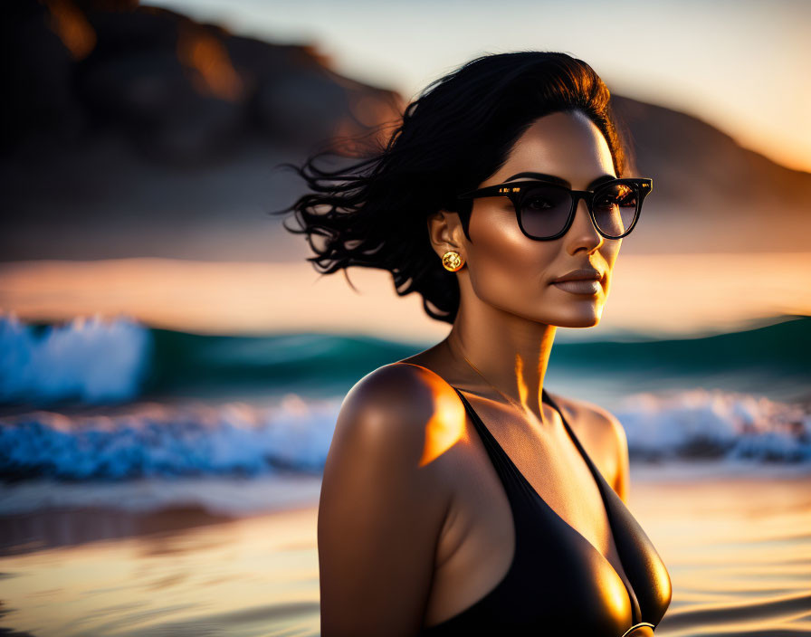 Woman with Sunglasses by Sea at Sunset, Hair Blowing in Wind