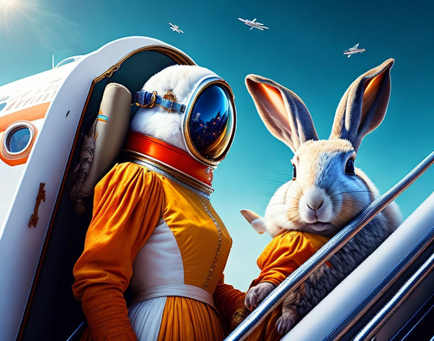 Illustration of rabbits in spacesuits with spacecraft and blue sky.