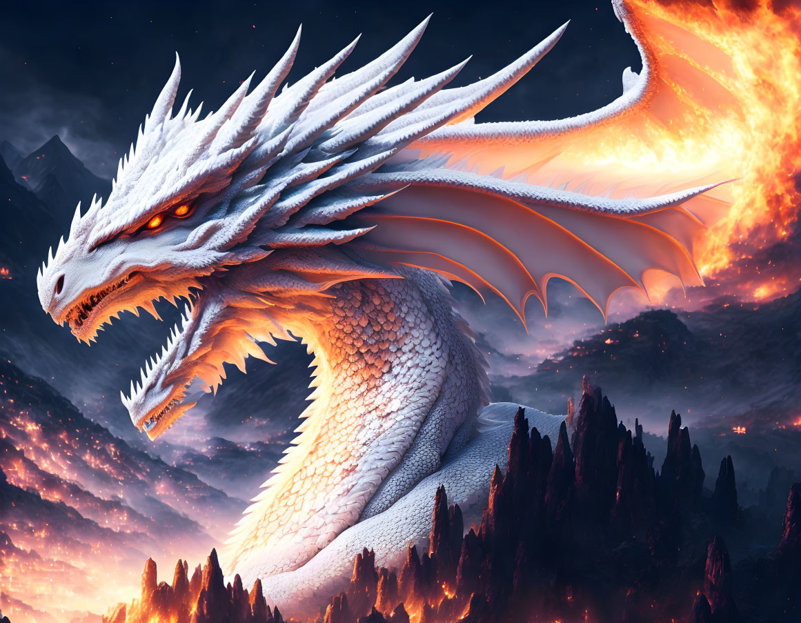 White Dragon Breathing Fire in Fiery Skies and Mountains