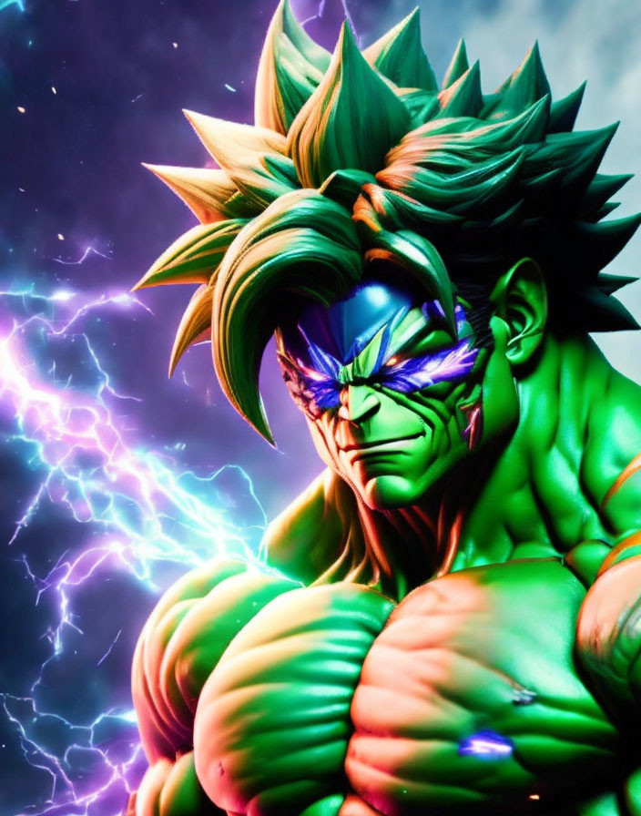 Muscular green figure in power stance against cosmic backdrop with violet lightning bolts