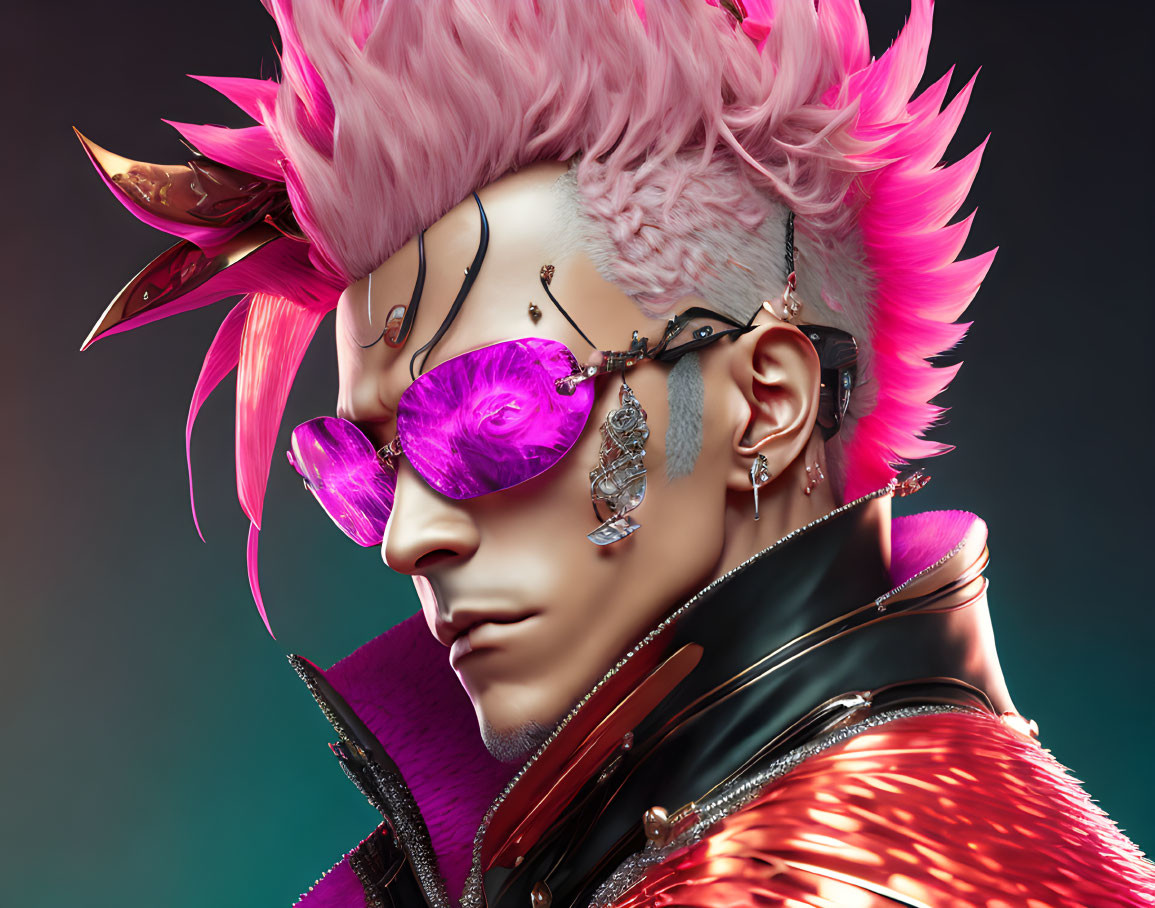 Edgy character with pink hair, purple sunglasses, silver earrings, black and red jacket