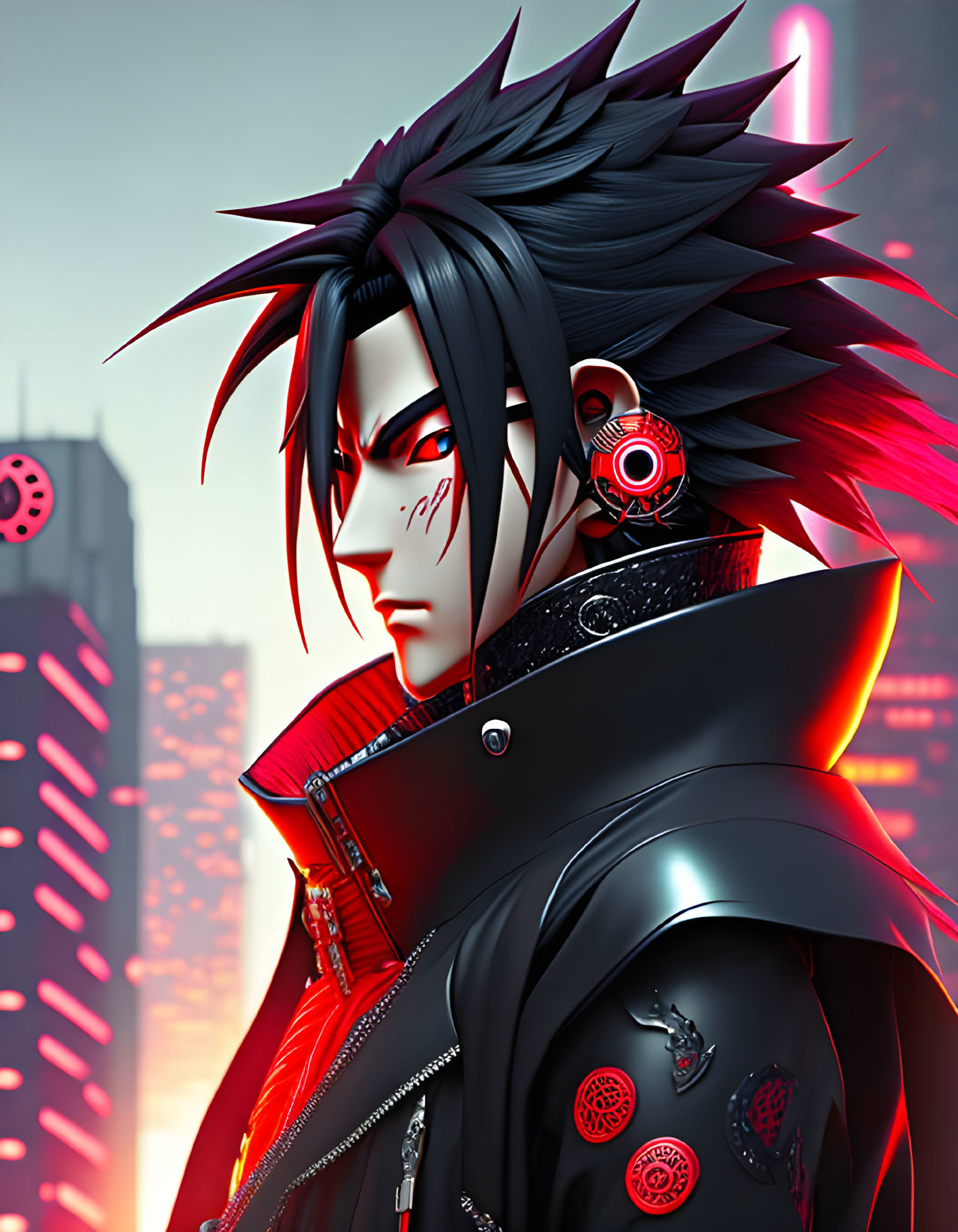 Spiked hair anime character with cybernetic earpiece and red streaks in dark jacket against neon