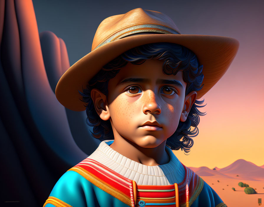 Curly Haired Boy in Hat and Striped Sweater in Desert Landscape