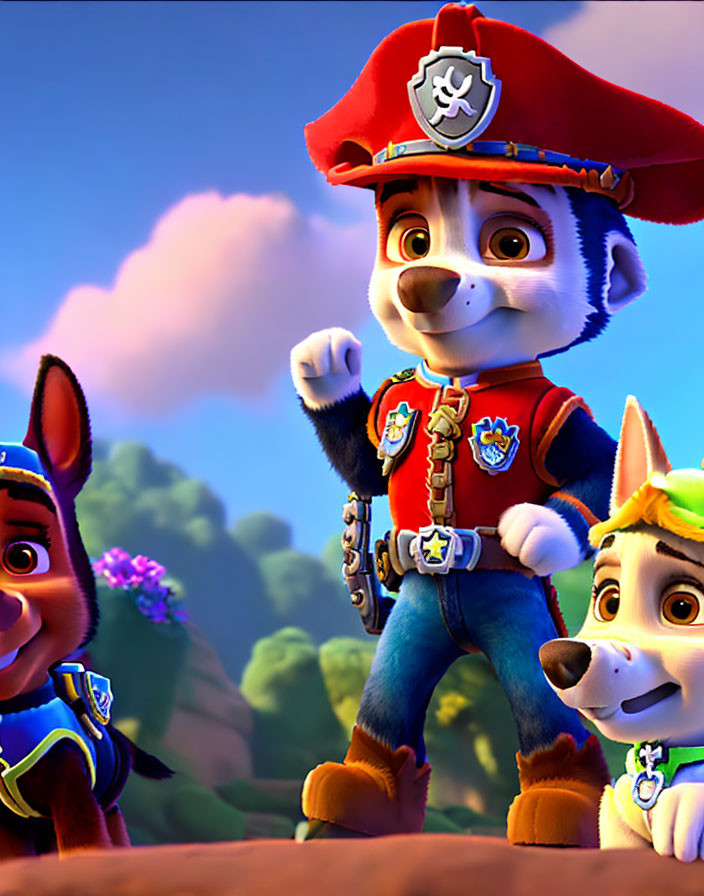 Animated puppy characters in rescue worker attire, one with red cap and badge