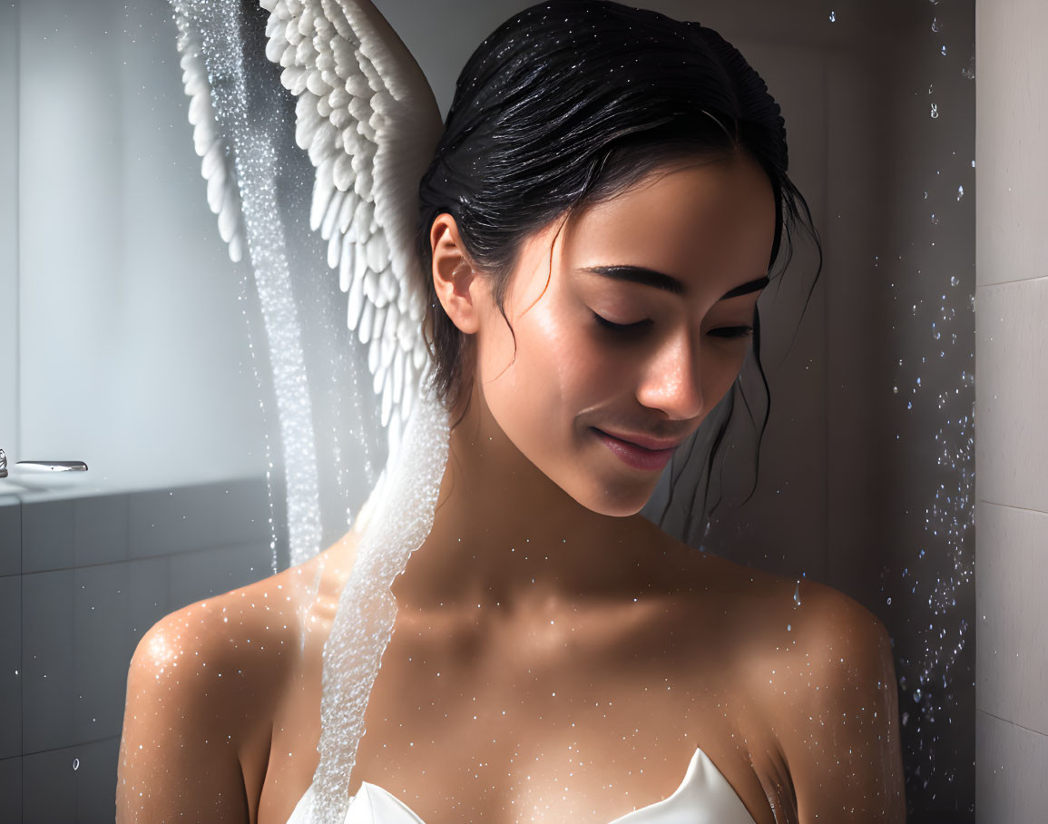 Woman with angel wings standing under shower in sunlight.