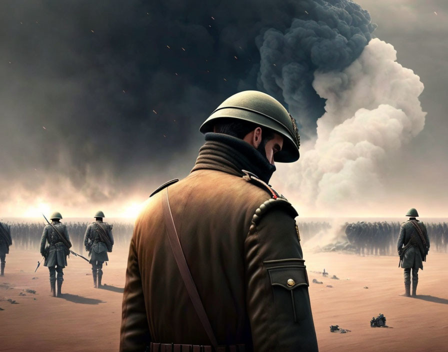 Military officer in brown coat gazes at vast battlefield with rows of soldiers.