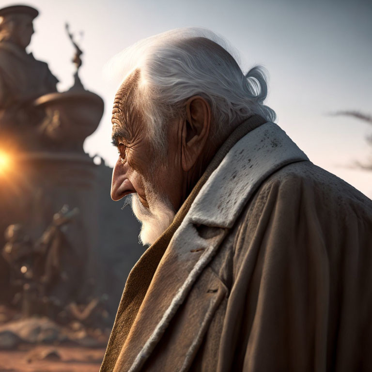 Elderly Man with White Hair and Beard in Profile View wearing a Coat