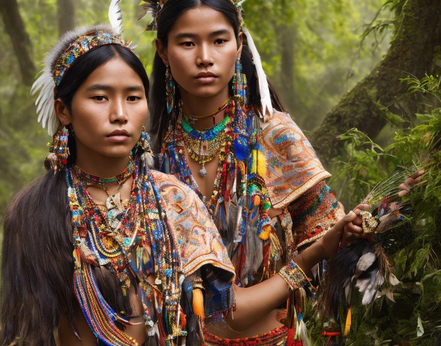 Native American individuals in traditional attire with feathers and beadwork in forest setting