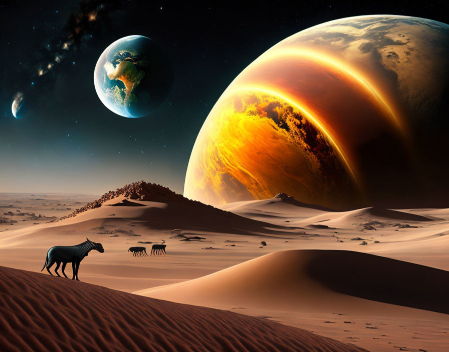 Horse, zebras, planets, and celestial bodies in desert landscape