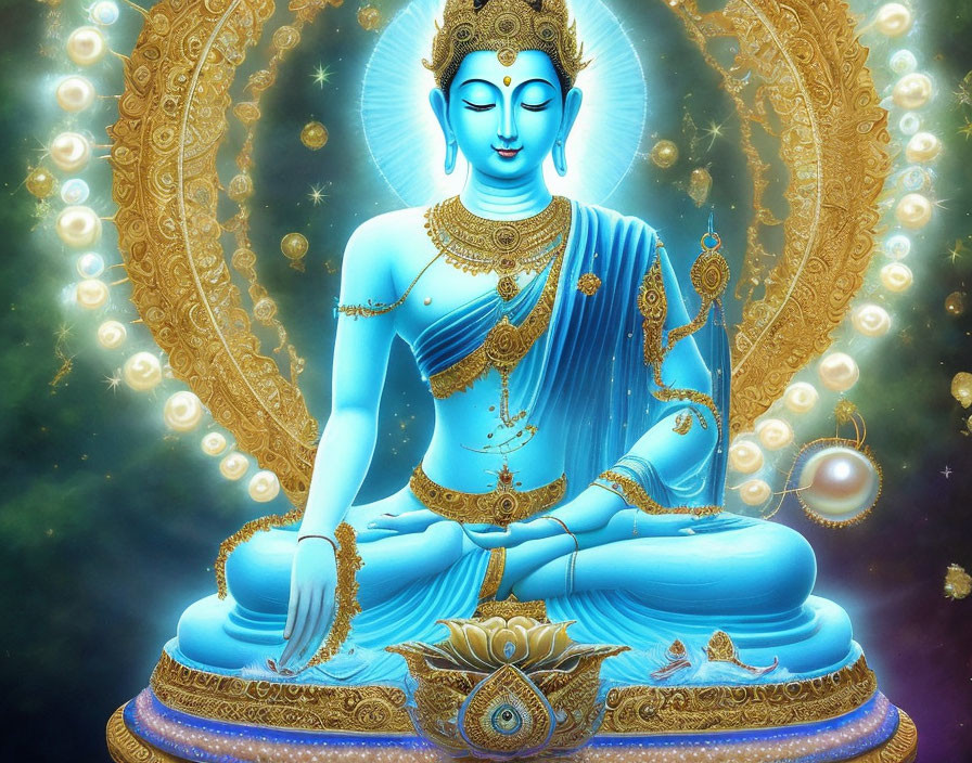 Blue deity in meditative pose with lotus and golden patterns