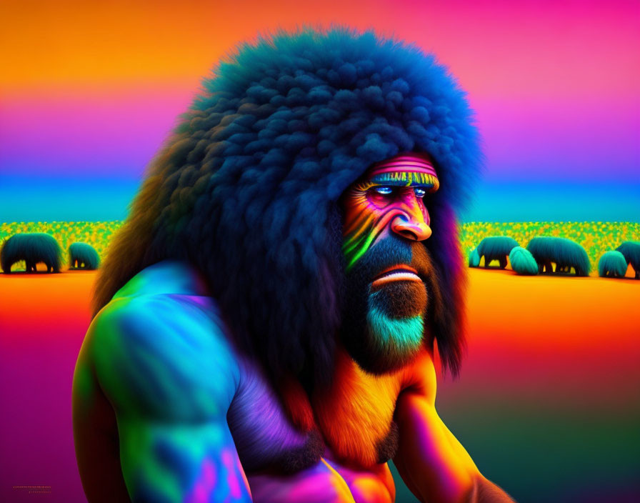 Colorful Digital Artwork: Contemplative Humanoid on Surreal Gradient Landscape