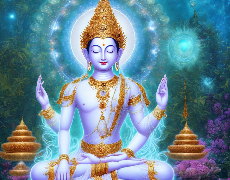 Blue-skinned deity with multiple arms in meditative pose on mystical background