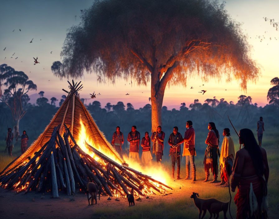 Group around bonfire at dusk with birds and tree silhouette.