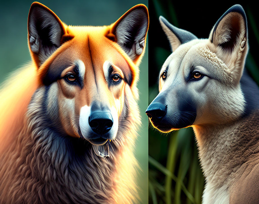 Dual dog portraits: one warm, one cool-toned.