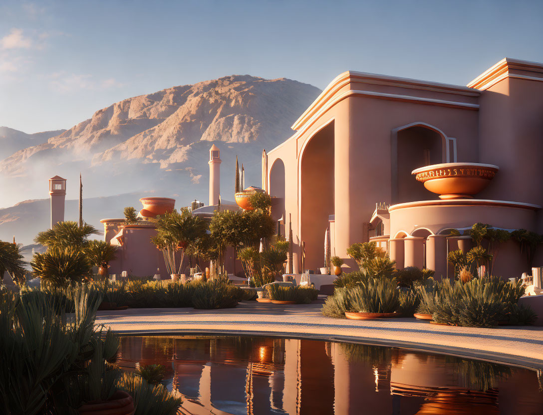 Desert oasis illustration: villa, palm trees, pool, mountains at sunrise/sunset